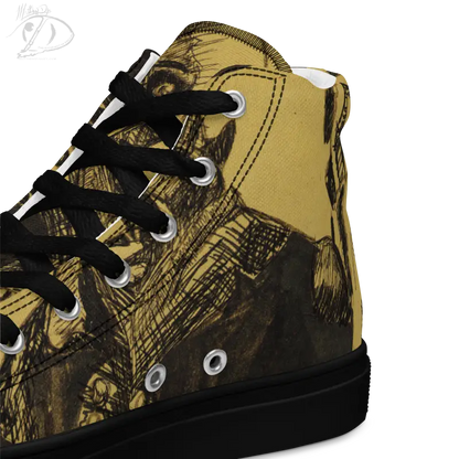 High-top camouflage canvas shoes featuring Matthew Dye art of classic horror design