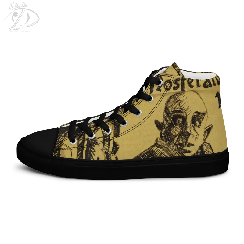 High-top canvas shoes featuring Matthew Dye art of classic horror in yellow and black