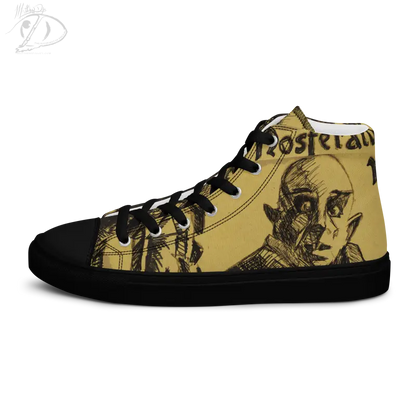 High-top canvas shoes featuring Matthew Dye art of classic horror in yellow and black