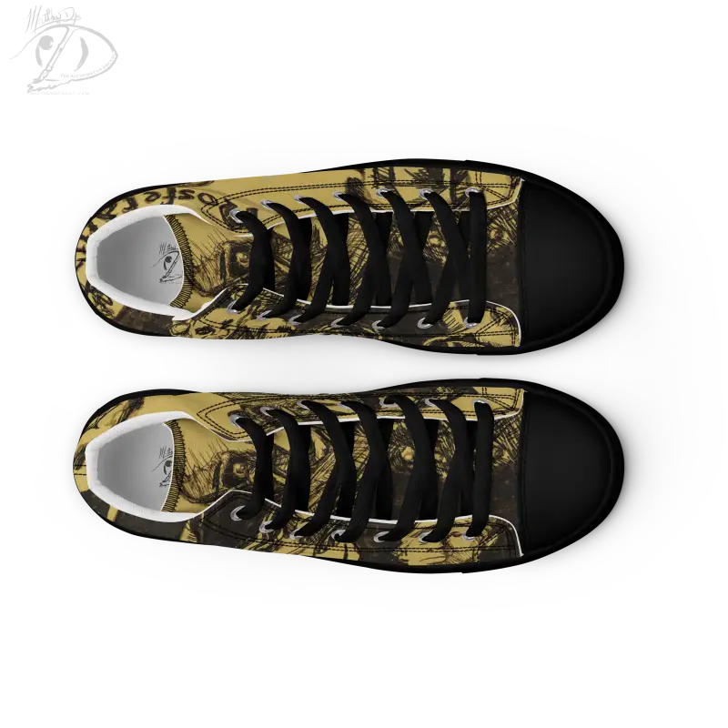 High-top canvas shoes featuring gold camouflage and black toe caps by Matthew Dye art