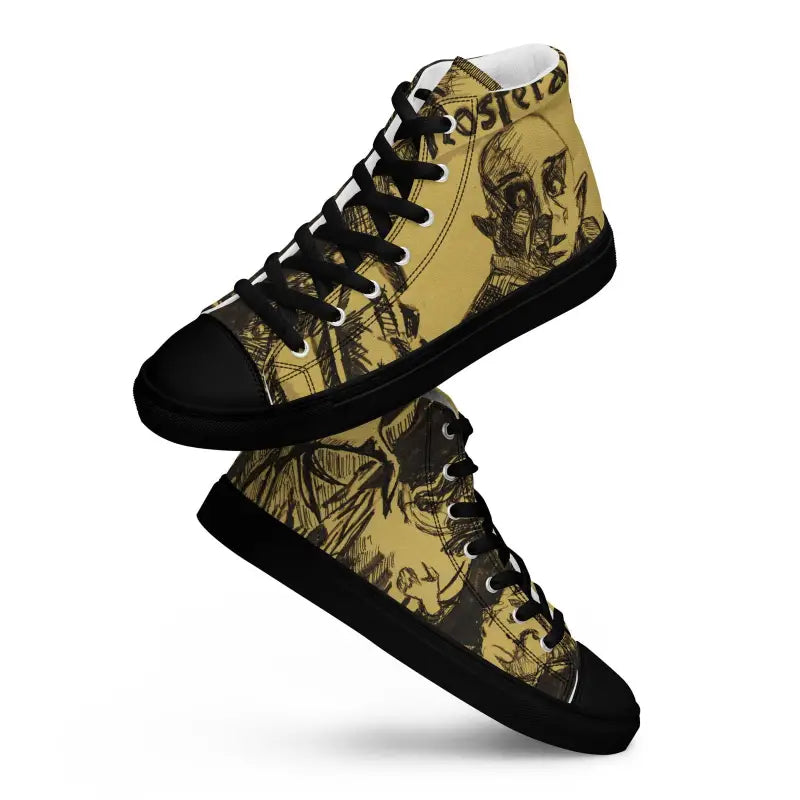 High-top canvas shoes featuring Matthew Dye art with a yellow and brown horror design