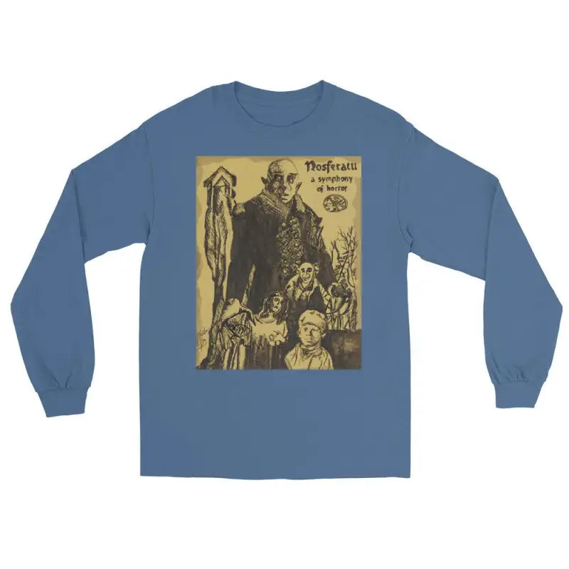 Blue long sleeve shirt featuring vintage horror movie poster design in yellow and black