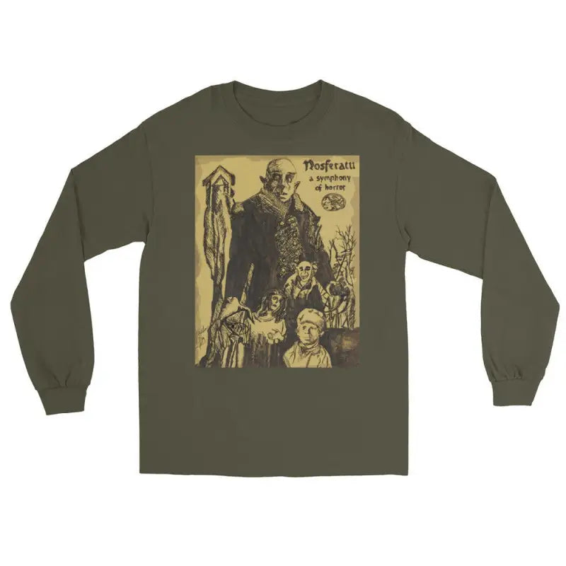 Olive green Nosferatu-inspired long sleeve shirt featuring Count Orlok vintage horror art print