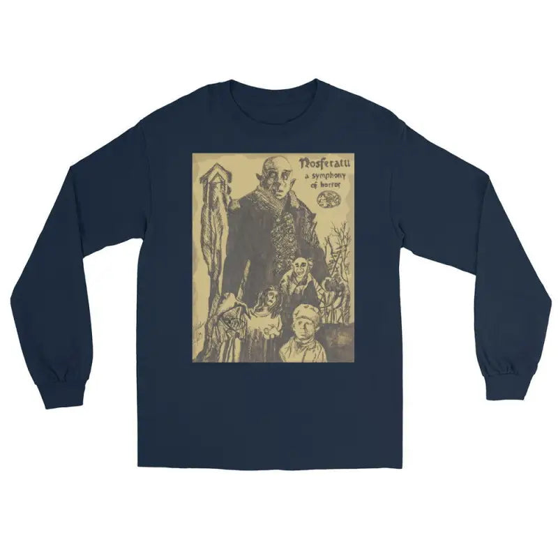 Navy blue Nosferatu-inspired long sleeve shirt featuring Count Orlok vintage artwork