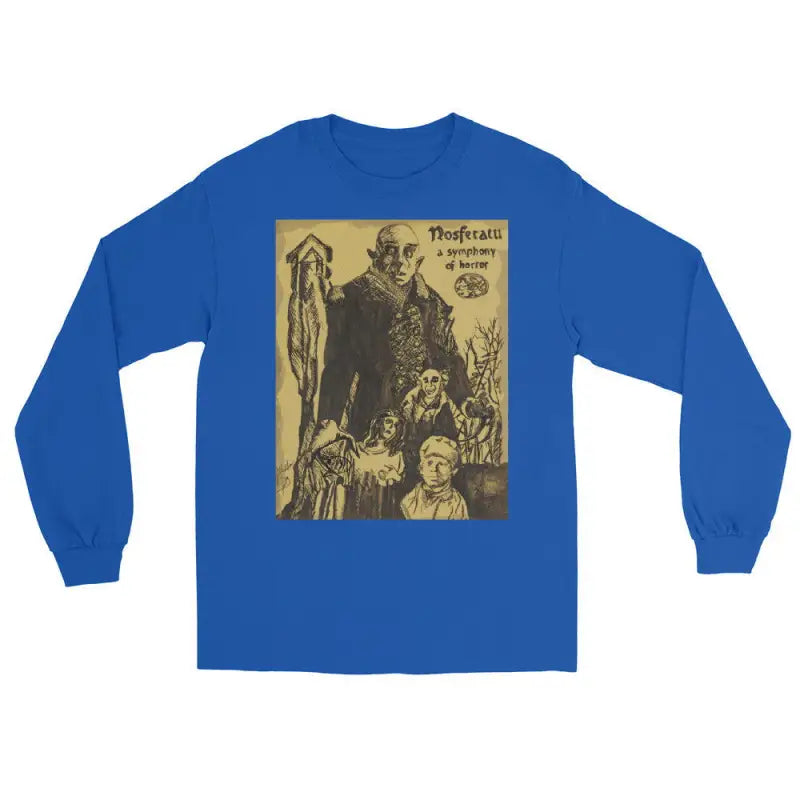 Royal blue long sleeve shirt featuring vintage horror graphic in sepia tones