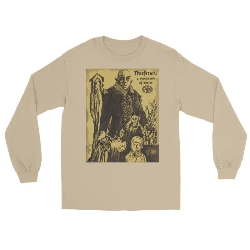 Beige long sleeve shirt with vintage horror movie graphic in black and yellow