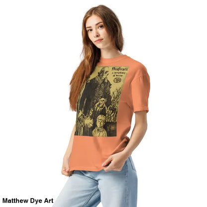 Peach Nosferatu Halloween Heavyweight T-Shirt with chillingly beautiful illustration