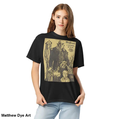 Black Nosferatu Heavyweight T-Shirt featuring chillingly beautiful illustration for Halloween