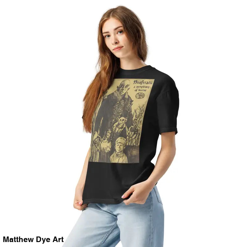 Black Nosferatu Halloween heavyweight t-shirt featuring a chillingly beautiful illustration