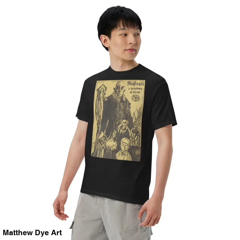 Black Nosferatu Halloween heavyweight t-shirt featuring chillingly beautiful illustration
