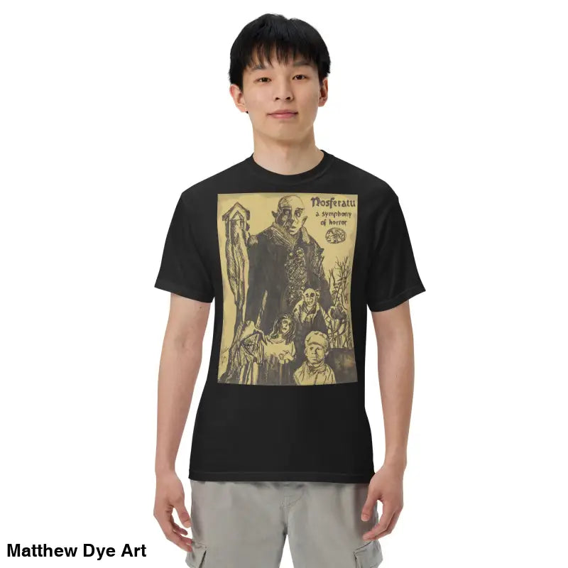 Black Nosferatu Heavyweight T-Shirt featuring chillingly beautiful illustration for Halloween