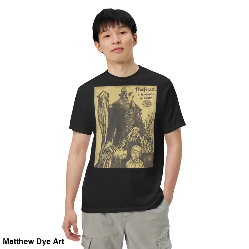 Black Nosferatu Halloween heavyweight t-shirt featuring chillingly beautiful illustration