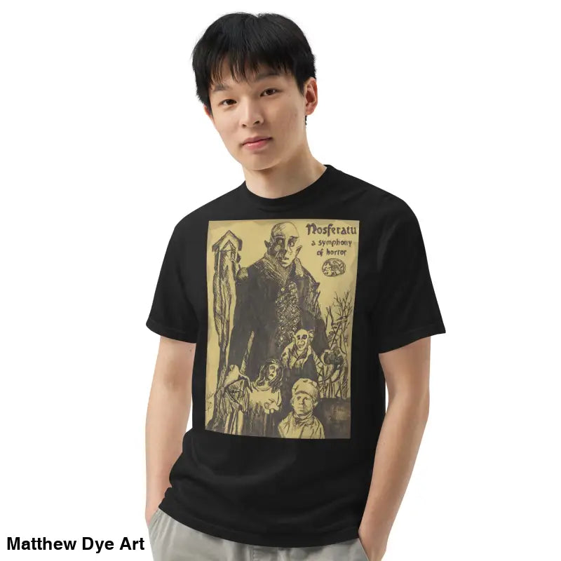 Black Nosferatu Heavyweight T-Shirt featuring chillingly beautiful illustration for Halloween