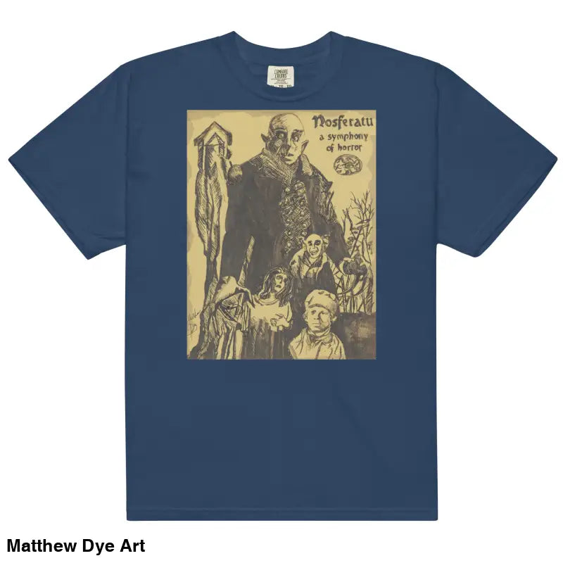 Blue heavyweight t-shirt featuring a chillingly beautiful Nosferatu Halloween graphic