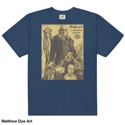 Blue heavyweight t-shirt featuring a chillingly beautiful Nosferatu Halloween graphic