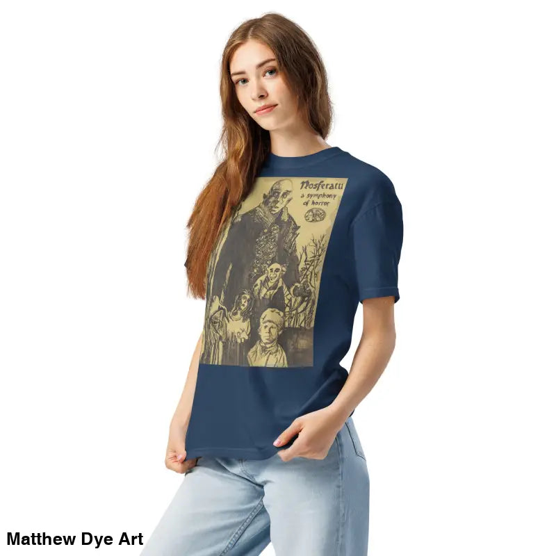 Dark blue Nosferatu Halloween heavyweight t-shirt with chillingly beautiful illustration