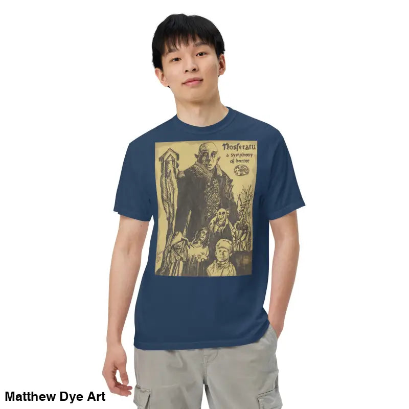 Dark blue Nosferatu Heavyweight T-Shirt featuring chillingly beautiful horror art