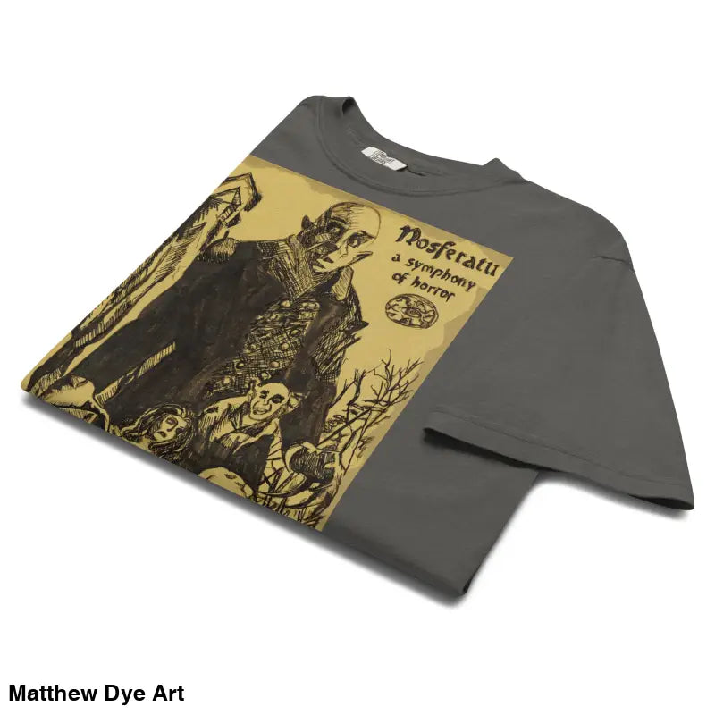 Gray Nosferatu Heavyweight T-Shirt featuring chillingly beautiful illustration for Halloween