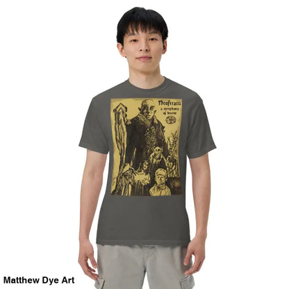 Gray Nosferatu Halloween heavyweight t-shirt featuring a chillingly beautiful illustration