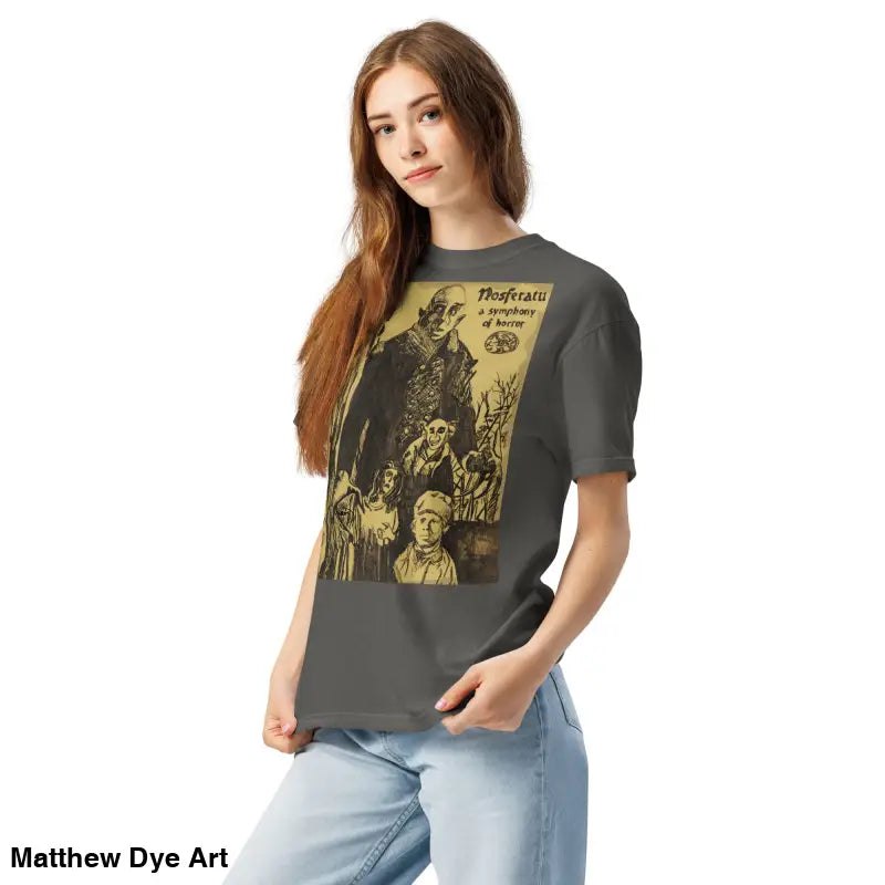 Gray Nosferatu Heavyweight T-Shirt featuring chillingly beautiful illustration of Gothic horror
