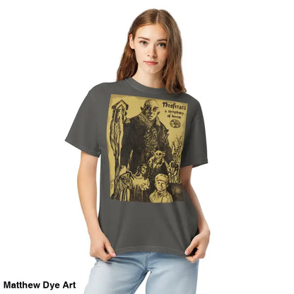 Gray t-shirt featuring chillingly beautiful Nosferatu Halloween graphic design