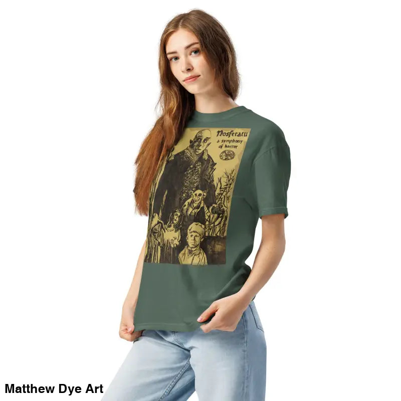 Green Nosferatu Heavyweight T-Shirt featuring a chillingly beautiful illustration