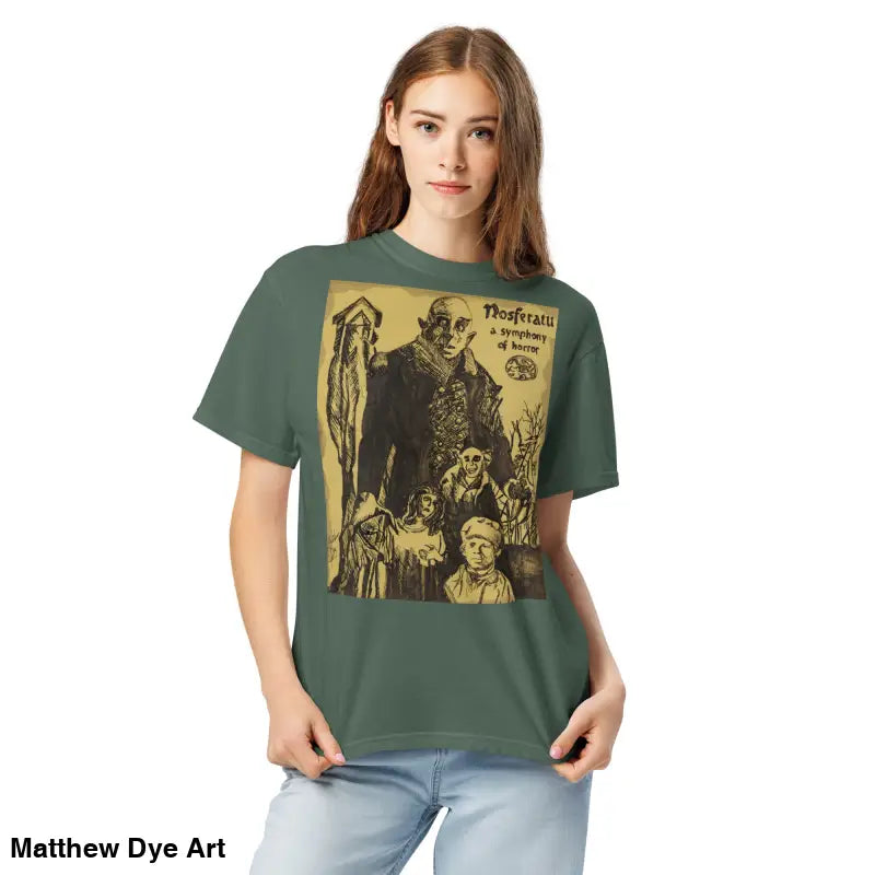 Green t-shirt featuring chillingly beautiful Nosferatu graphic for Halloween style