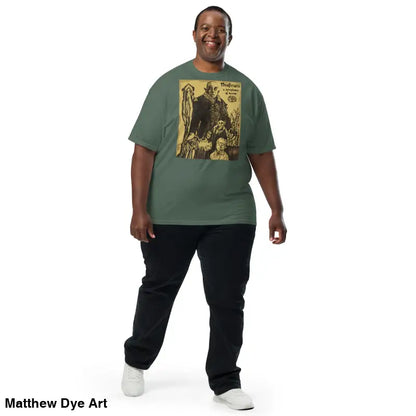 Man in a Nosferatu Halloween heavyweight tee featuring chillingly beautiful illustration