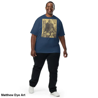 Man wearing Nosferatu Heavyweight T-Shirt featuring chillingly beautiful illustration