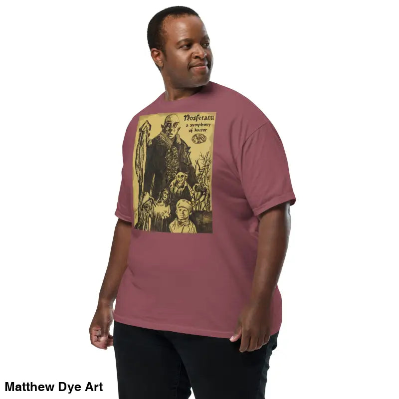 Maroon Nosferatu Heavyweight T-Shirt featuring chillingly beautiful illustration of horror art