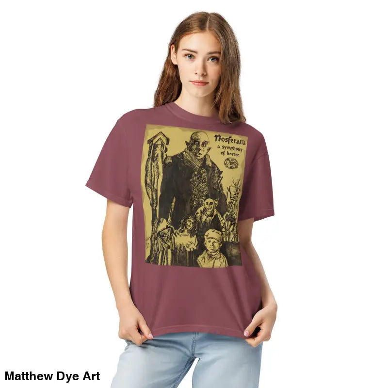 Maroon Nosferatu Heavyweight T-Shirt featuring a chillingly beautiful illustration