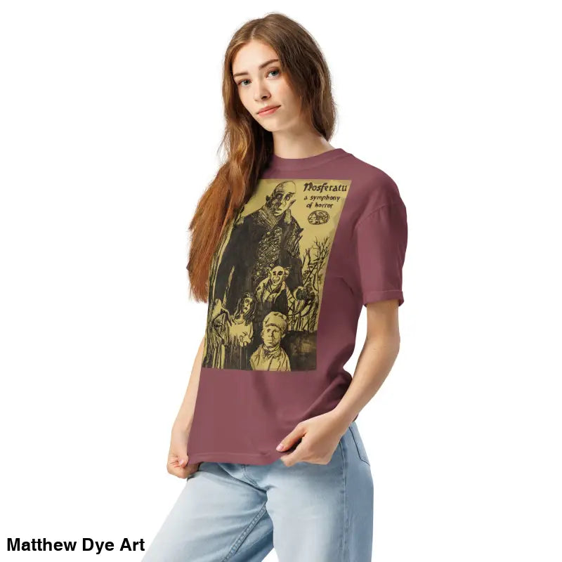 Maroon t-shirt featuring chillingly beautiful Nosferatu Halloween graphic design