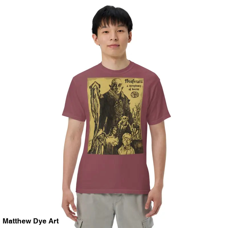 Maroon Nosferatu Halloween heavyweight t-shirt featuring chillingly beautiful illustration