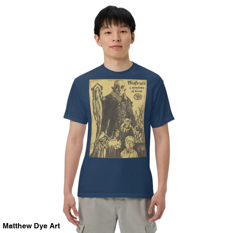 Navy blue t-shirt featuring Nosferatu Halloween heavyweight graphic art illustration