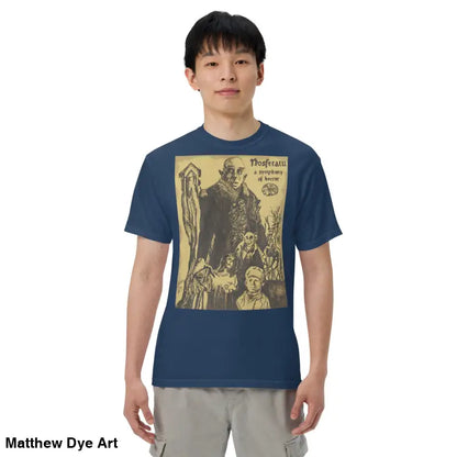 Navy blue t-shirt featuring Nosferatu Halloween heavyweight graphic art illustration