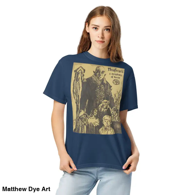 Navy blue Nosferatu Halloween heavyweight t-shirt featuring chillingly beautiful illustration