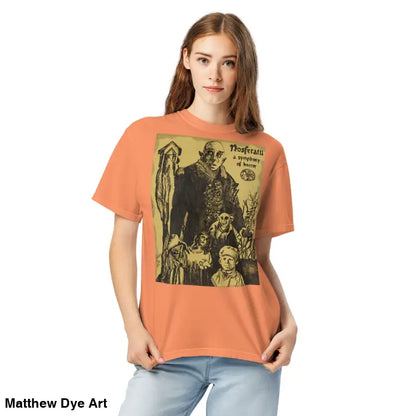 Orange Nosferatu Heavyweight T-Shirt features chillingly beautiful illustration for Halloween