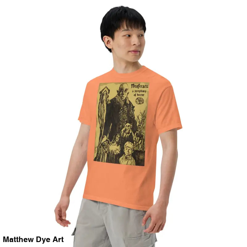 Orange t-shirt featuring a chillingly beautiful Nosferatu Halloween graphic design