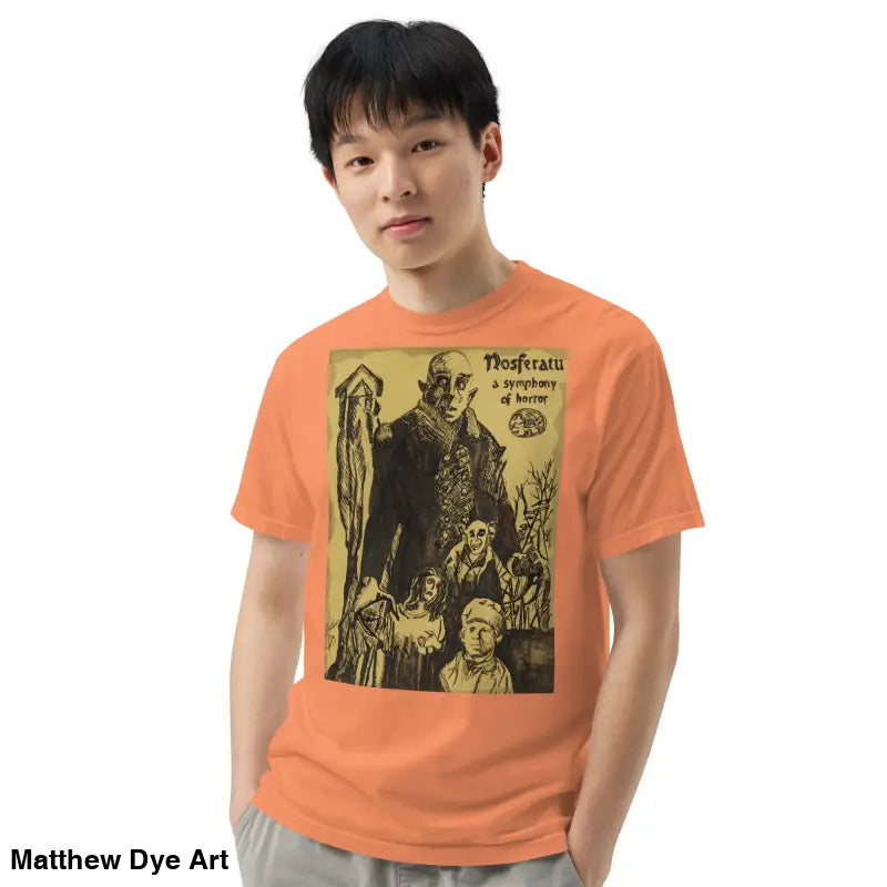 Orange Nosferatu Heavyweight T-Shirt with chillingly beautiful illustration for Halloween
