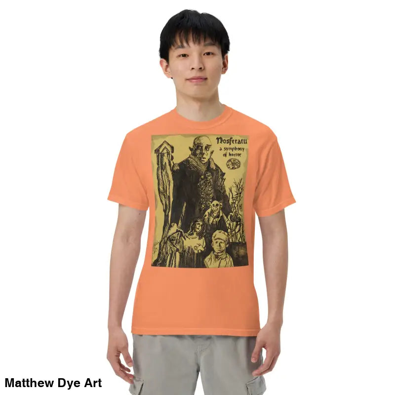 Orange t-shirt featuring chillingly beautiful Nosferatu Halloween heavyweight artwork