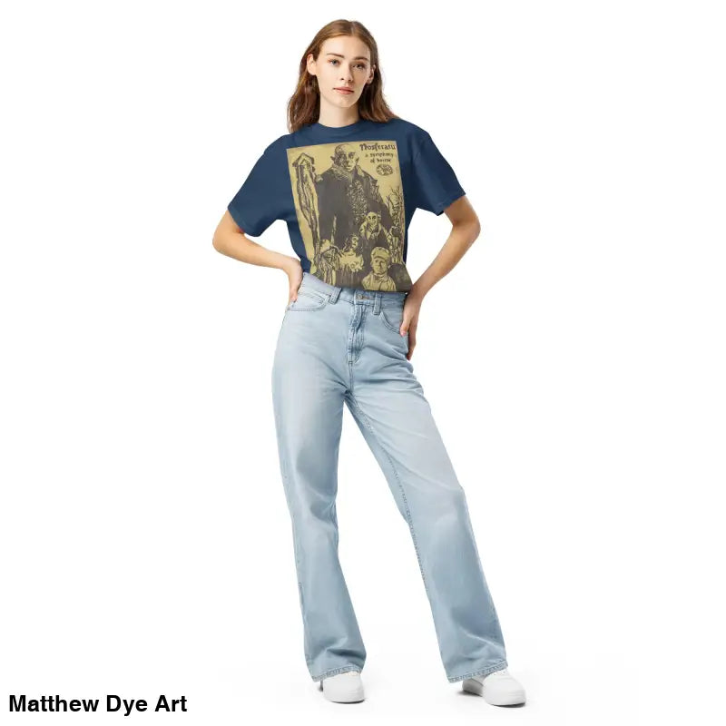 Woman in graphic t-shirt showcasing chillingly beautiful Nosferatu Halloween art