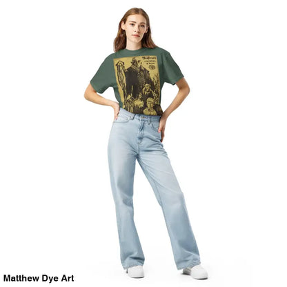 Woman showcasing the Nosferatu Heavyweight T-Shirt featuring a chillingly beautiful illustration