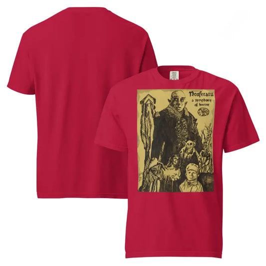 Red Nosferatu Halloween heavyweight t-shirts featuring chillingly beautiful illustration