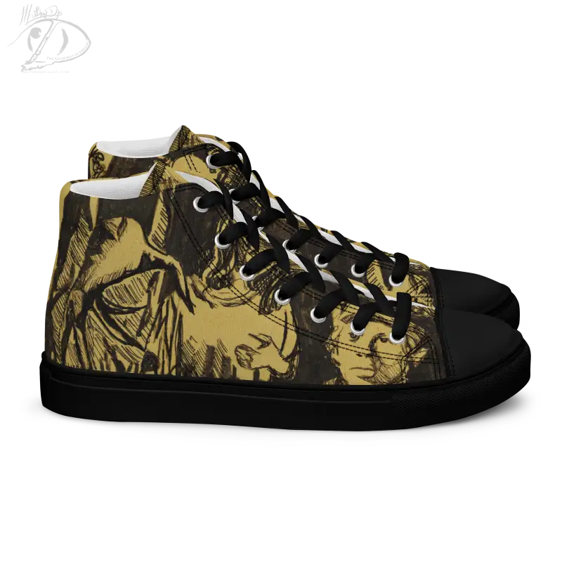 High-top Nosferatu sneakers featuring tan and black camouflage for gothic style enthusiasts