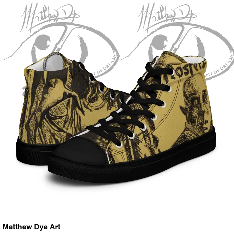 High-top sneakers with a yellow and black design inspired by Matthew Dye art