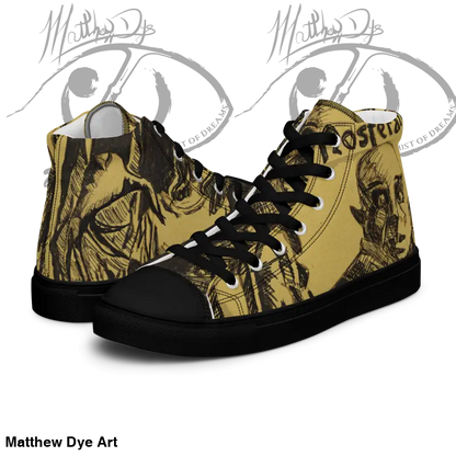 High-top sneakers with a yellow and black design inspired by Matthew Dye art
