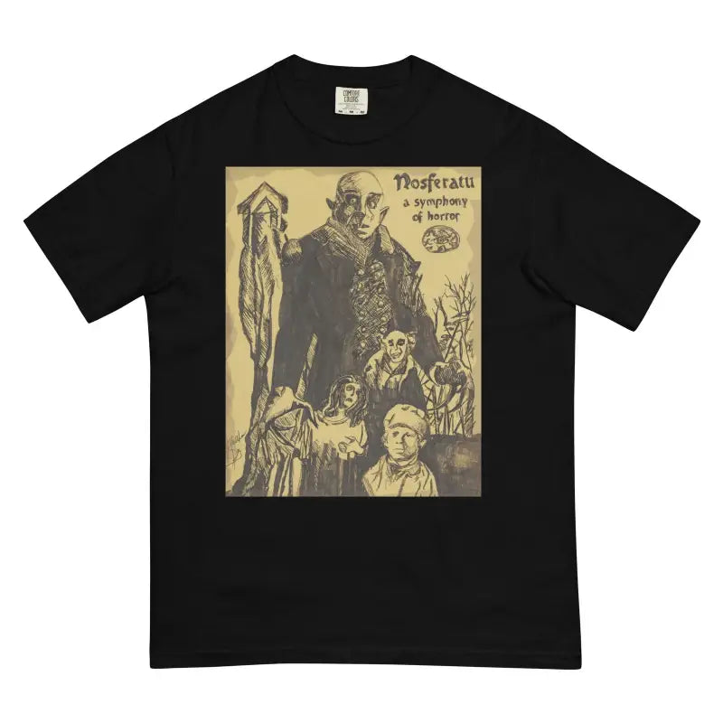 Black t-shirt with vintage Nosferatu horror design in sepia tones for classic horror fans