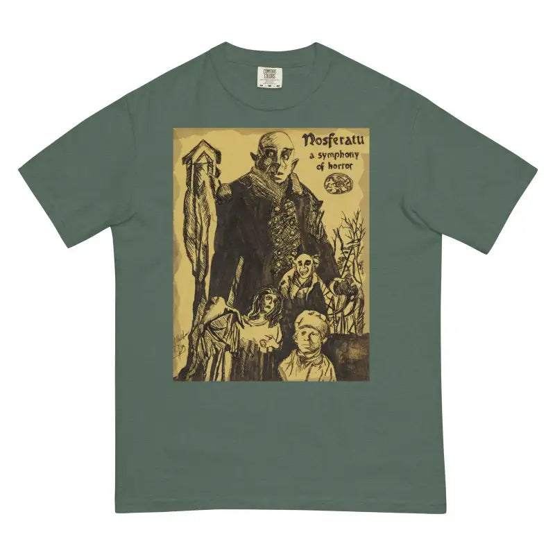 Vintage Nosferatu Horror movie poster design on a green oversized cotton t-shirt