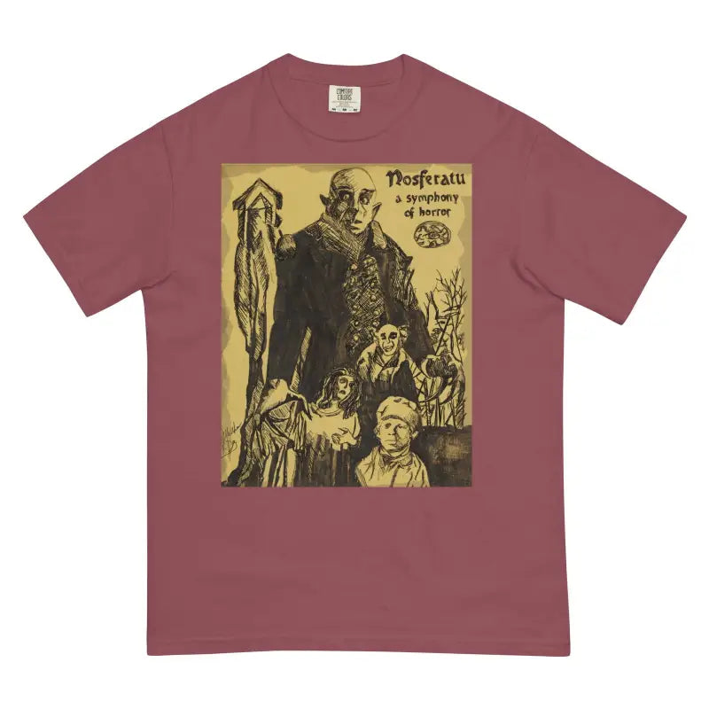 Burgundy t-shirt featuring classic Nosferatu horror movie poster design for fans of vintage style