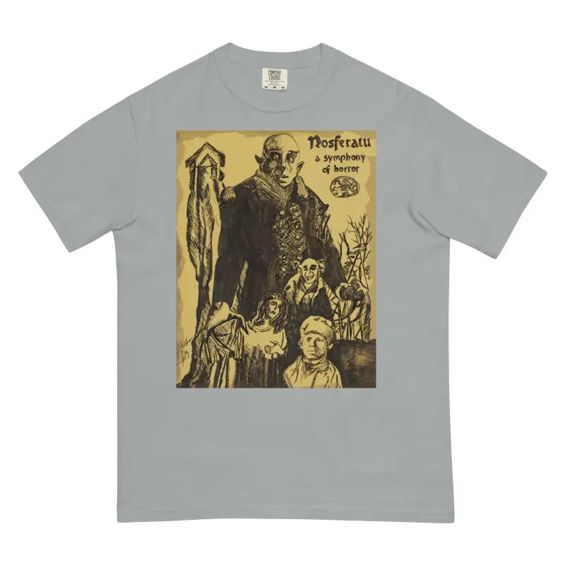 Grey Nosferatu Horror T-Shirt featuring a vintage movie poster design for classic horror fans